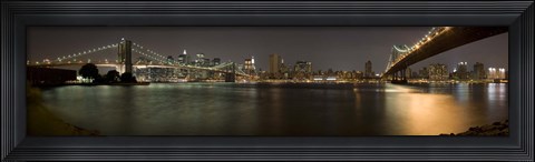 Framed Brooklyn Bridge and Manhattan Bridge across East River at night, Manhattan, New York City, New York State, USA Print