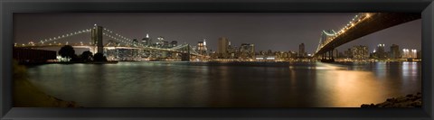 Framed Brooklyn Bridge and Manhattan Bridge across East River at night, Manhattan, New York City, New York State, USA Print