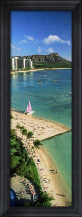 Framed Aerial view of a beach, Diamond Head, Waikiki Beach, Oahu, Honolulu, Hawaii, USA Print
