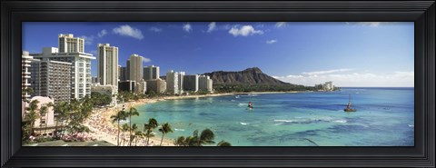 Framed Buildings along the coastline, Diamond Head, Waikiki Beach, Oahu, Honolulu, Hawaii, USA Print