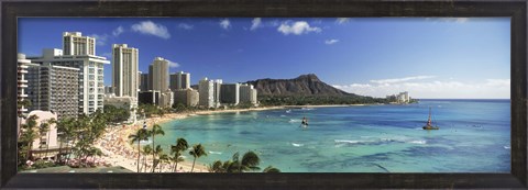 Framed Buildings along the coastline, Diamond Head, Waikiki Beach, Oahu, Honolulu, Hawaii, USA Print