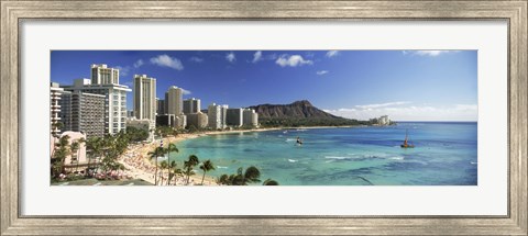 Framed Buildings along the coastline, Diamond Head, Waikiki Beach, Oahu, Honolulu, Hawaii, USA Print