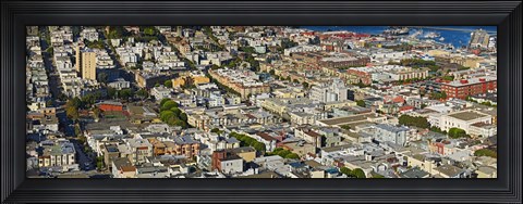 Framed Aerial view of buildings in a city, Columbus Avenue and Fisherman&#39;s Wharf, San Francisco, California, USA Print