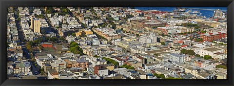 Framed Aerial view of buildings in a city, Columbus Avenue and Fisherman&#39;s Wharf, San Francisco, California, USA Print