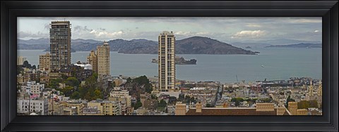 Framed Buildings in a city with Alcatraz Island in San Francisco Bay, San Francisco, California, USA Print