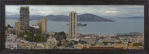 Framed Buildings in a city with Alcatraz Island in San Francisco Bay, San Francisco, California, USA Print