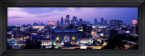 Framed Union Station at sunset with city skyline in background, Kansas City, Missouri Print