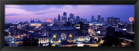 Framed Union Station at sunset with city skyline in background, Kansas City, Missouri Print