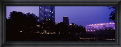 Framed Devon Tower and Crystal Bridge Tropical Conservatory at night, Oklahoma City, Oklahoma, USA Print