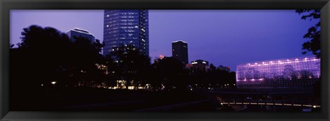 Framed Devon Tower and Crystal Bridge Tropical Conservatory at night, Oklahoma City, Oklahoma, USA Print