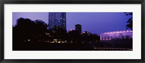 Framed Devon Tower and Crystal Bridge Tropical Conservatory at night, Oklahoma City, Oklahoma, USA Print