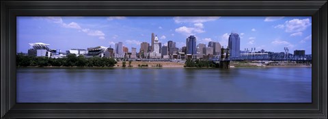 Framed Paul Brown Stadium with John A. Roebling Suspension Bridge along the Ohio River, Cincinnati, Hamilton County, Ohio, USA Print