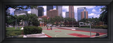 Framed Basketball court with skyscrapers in the background, Houston, Texas Print