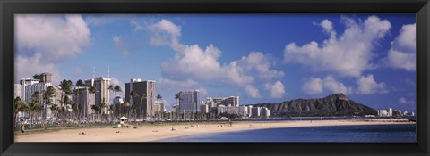 Framed Waikiki Beach with mountain in the background, Diamond Head, Honolulu, Oahu, Hawaii, USA Print