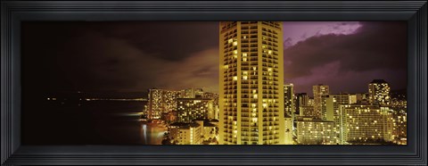 Framed Buildings lit up at night, Honolulu, Oahu, Hawaii, USA Print