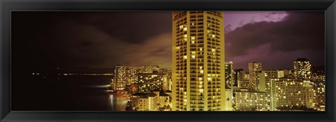 Framed Buildings lit up at night, Honolulu, Oahu, Hawaii, USA Print