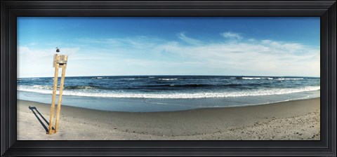 Framed Seagull standing on a wooden post at Fort Tilden Beach, Queens, New York City Print