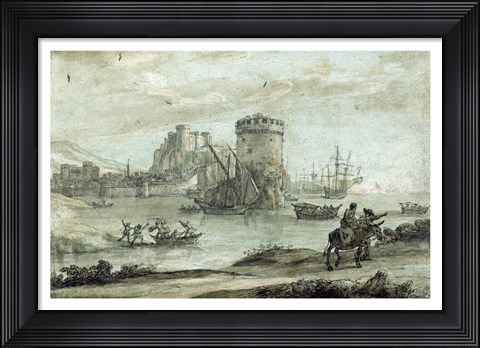 Framed Figures in a Landscape before a Harbor Print