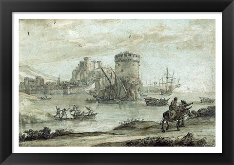 Framed Figures in a Landscape before a Harbor Print