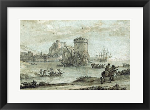 Framed Figures in a Landscape before a Harbor Print