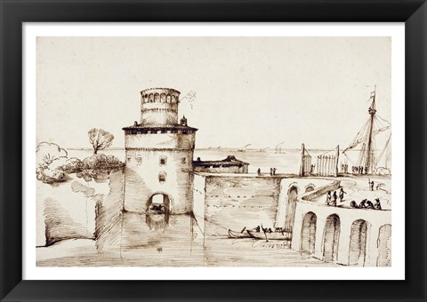 Framed Landscape with a View of a Fortified Port Print