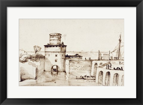 Framed Landscape with a View of a Fortified Port Print