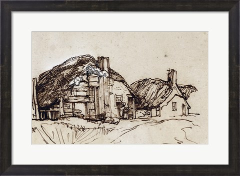 Framed Two Thatched Cottages with Figures at a Window Print