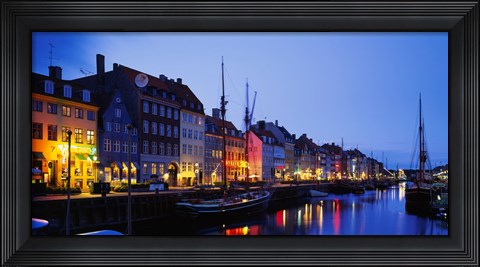Framed Buildings lit up at night, Nyhavn, Copenhagen, Denmark Print