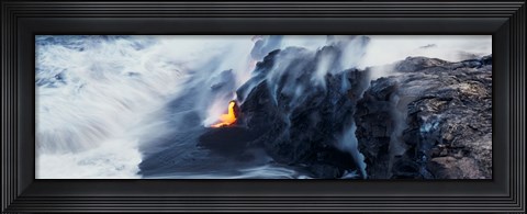 Framed High angle view of lava flowing into the Pacific Ocean, Volcano National Park, Hawaii, USA Print