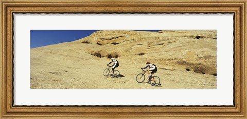 Framed Side profile of two men mountain bilking on rocks, Slickrock Trail, Moab, Utah, USA Print