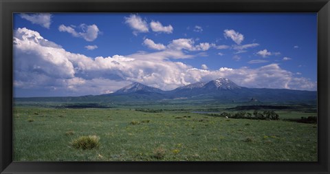 Framed Meadow with mountains in the background, Cuchara River Valley, Huerfano County, Colorado, USA Print