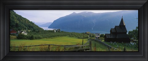 Framed Church in a village, Urnes stave church, Lustrafjorden, Luster, Sogn Og Fjordane, Norway Print