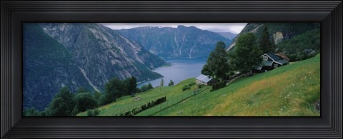 Framed High angle view of a river surrounded by mountains, Kjeasen, Eidfjord, Hordaland, Norway Print