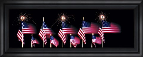 Framed US Flags And Fireworks Print