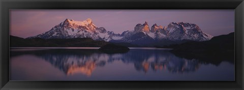 Framed Reflection of mountains in a lake, Lake Pehoe, Cuernos Del Paine, Patagonia, Chile Print