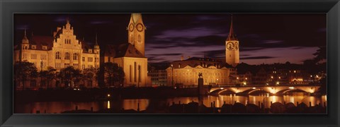 Framed Switzerland, Zurich, Limmat River at night Print