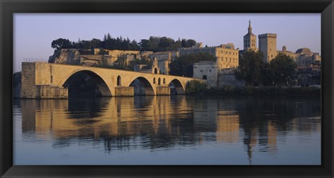 Framed Reflection of a palace on water, Pont Saint-Benezet, Palais Des Papes, Avignon, Provence, France Print