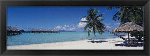 Framed Lounge chair under a beach umbrella, Moana Beach, Bora Bora, French Polynesia Print