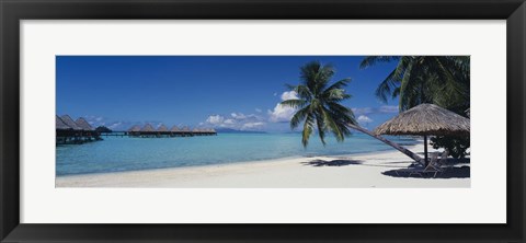 Framed Lounge chair under a beach umbrella, Moana Beach, Bora Bora, French Polynesia Print