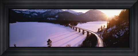 Framed High angle view of a bridge across a lake, Sylvenstein Lake, Bavaria, Germany Print