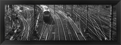 Framed High angle view of a train on railroad track in a shunting yard, Germany Print