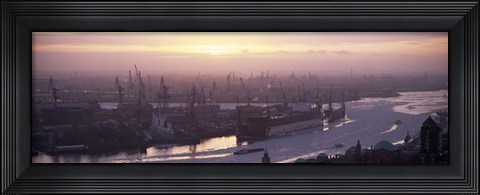 Framed High angle view of container ships in the river, Elbe River, Landungsbrucken, Hamburg Harbour, Hamburg, Germany Print