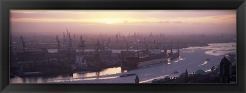 Framed High angle view of container ships in the river, Elbe River, Landungsbrucken, Hamburg Harbour, Hamburg, Germany Print