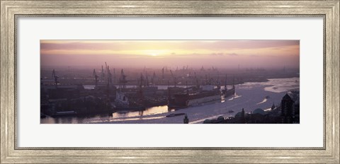 Framed High angle view of container ships in the river, Elbe River, Landungsbrucken, Hamburg Harbour, Hamburg, Germany Print