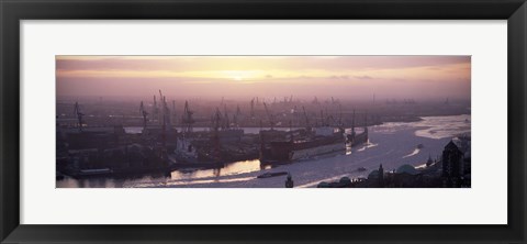 Framed High angle view of container ships in the river, Elbe River, Landungsbrucken, Hamburg Harbour, Hamburg, Germany Print