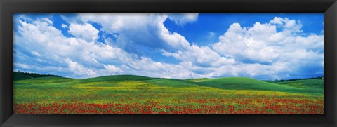 Framed Open Field, Hill, Clouds, Blue Sky, Tuscany, Italy Print