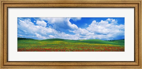 Framed Open Field, Hill, Clouds, Blue Sky, Tuscany, Italy Print