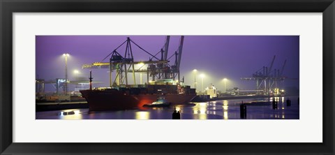 Framed Port, Night, Illuminated, Hamburg, Germany Print