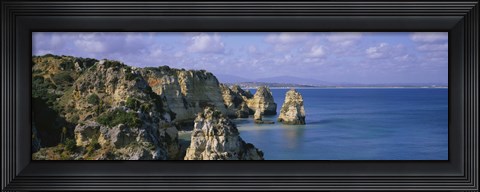 Framed Rock formations on the beach, Algarve, Portugal Print