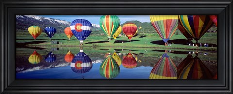 Framed Reflection Of Hot Air Balloons On Water, Colorado, USA Print